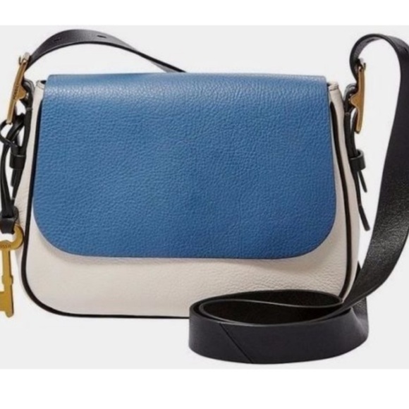 Fossil Handbags - Fossil Harper Small Saddle Crossbody bag, blue and white leather design.